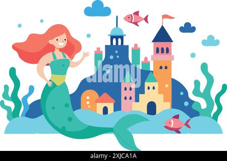 Illustrazione digitale di una sirena dei cartoni animati con un castello sottomarino e pesci, creando una scena subacquea stravagante e fantasiosa. Illustrazione Vettoriale