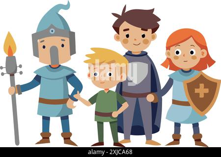 Illustrazione di una famiglia di cavalieri medievali con bambini, vestiti con armatura e con uno scudo e una torcia, che mostra il lavoro di squadra e il coraggio. Illustrazione Vettoriale