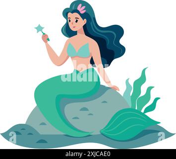 Illustrazione di un'affascinante sirena dei cartoni animati seduta su una roccia con alghe, adagiata su un tranquillo sfondo sott'acqua. Illustrazione Vettoriale