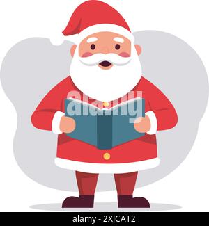 Illustrazione di Babbo Natale vestito con un tradizionale vestito rosso, tenendo in mano un libro e leggendo. Perfetto per i contenuti natalizi e per le festività natalizie Illustrazione Vettoriale