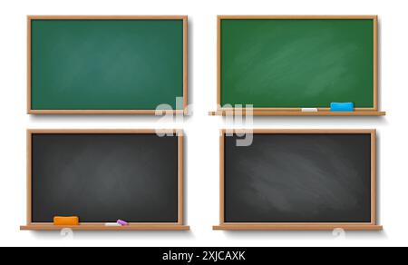 Bacheca informativa scolastica con colori verde e nero. Set di illustrazioni vettoriali realistiche con varie lavagne comunemente presenti nelle scuole Illustrazione Vettoriale