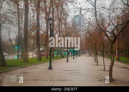 Torre telefonica moderno grattacielo e gli alberi del Parque de los Reyes, Santiago del Cile Foto Stock