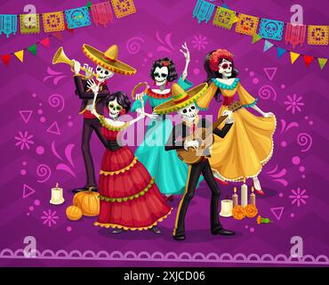 I personaggi delle festività messicane del giorno dei morti, dia De Los Muertos musicisti e ballerini mariachi, manifesto vettoriale. Il giorno della festa morta, Catrina calavera Illustrazione Vettoriale