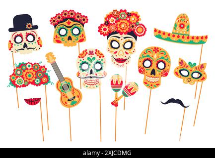 Maschere e oggetti di scena per lo stand fotografico messicano Dead Day per la festa di dia De Los Muertos, cartoni animati vettoriali. Catrina calavera, teschio in sombrero, chitarra e mar Illustrazione Vettoriale