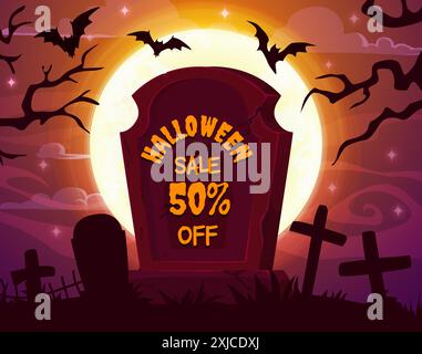 Striscione di Halloween con lapide del cimitero e sagome di pipistrelli volanti sullo sfondo vettoriale del cielo della luna piena. Saldi natalizi di Halloween e trucchi o trea Illustrazione Vettoriale