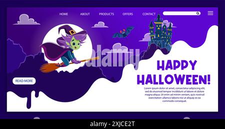 Pagina di destinazione di Halloween, sito aziendale per festeggiamenti natalizi. Banner vettoriale con divertente strega che cavalca scopa nel cielo notturno, pipistrello e castello raccapricciante. Festa Illustrazione Vettoriale