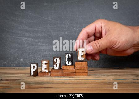 PACE. Lettere di legno, blocchi alfabetici sui gradini. concetto di sviluppo e crescita. Foto Stock