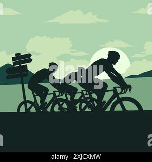 Un'illustrazione vettoriale di un ciclista di silhouette che corre in bicicletta su strada Illustrazione Vettoriale