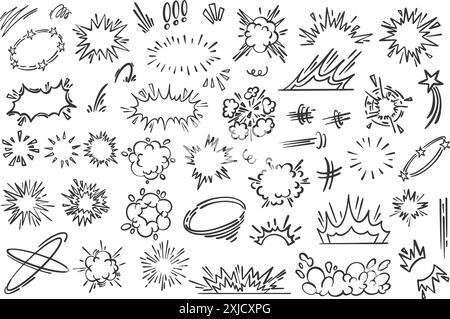 Linee animate, effetti e scintille. Il fumetto vettoriale fa esplodere spruzzi disegnati a mano ed elementi esplosivi. Schizzo del braccio e del movimento bang. Illustrazione Vettoriale