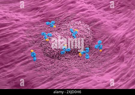 Trattamento con anticorpi monoclonali nel cancro del fegato - Vista isometrica illustrazione 3D. Foto Stock