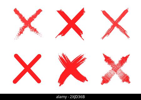 Set di contrassegni X rossi. Tratti di pennello vettoriale. Simboli a croce in grassetto. Croci rosse disegnate a mano. Illustrazione Vettoriale