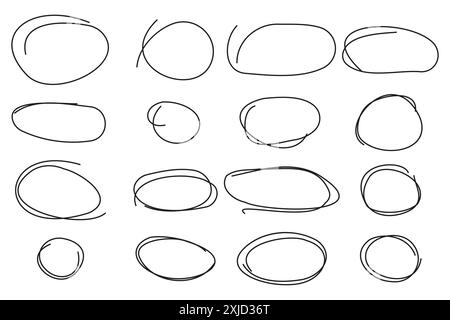 Set di cerchi disegnati a mano. Stile di schizzo ruvido. Forme arrotondate astratte. Illustrazione vettoriale. Illustrazione Vettoriale