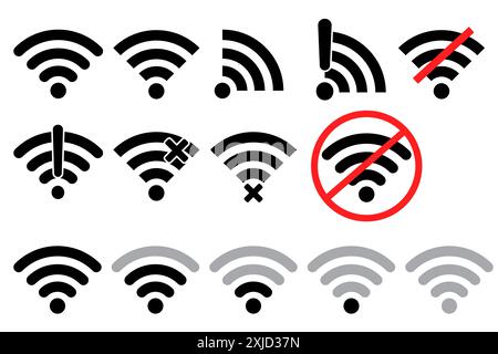Icone del segnale Wi Fi. Simboli della connessione di rete. Icone wireless vettoriali. Design nero e rosso. Illustrazione Vettoriale