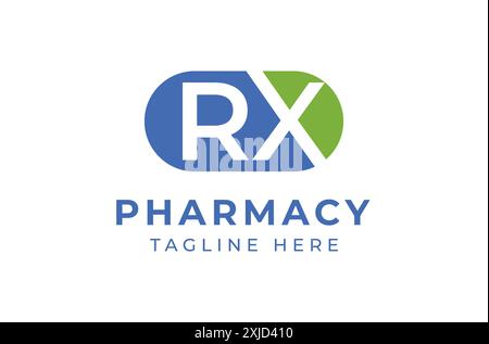 RX Pharmacy capsule medicine Professional Blue and Green Capsule Logo Design per farmacia e servizi sanitari Illustrazione Vettoriale