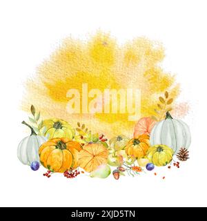 Acquerello composizione autunnale di foglie, bacche, frutta, verdura, coni di pino, rami e zucche. Illustrazione ad acquerello di autu Foto Stock