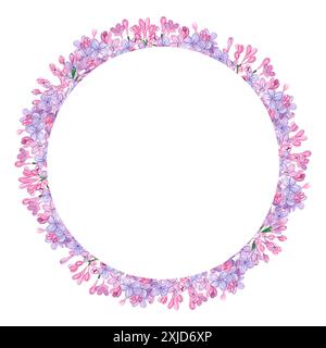 Corona floreale, illustrazione ad acquerello. Telaio rotondo in fiori lilla Foto Stock