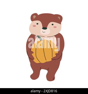 Autunno bambini birra animale isolato clipart. Animale selvatico della foresta con elemento clipart del raccolto. Icona disegnata a mano. Illustrazione Vettoriale