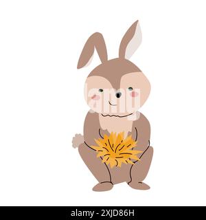 Caduta bambini animali isolati coniglio o coniglietto clipart. Animale selvatico della foresta con elemento clipart del raccolto. Icona disegnata a mano. Illustrazione Vettoriale