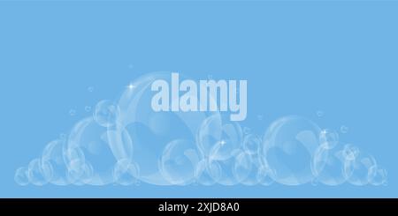 Bolla di sapone vettoriale. Bolla di sapone realistica, bagliore. Bolle di schiuma. Polvere e sapone, detergente. Illustrazione Vettoriale