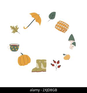 Le foglie autunnali incorniciano o fanno da cornice per le vacanze stagionali, gli elementi di raccolta sfondo. Grazioso design da festa in stile disegnato a mano. Illustrazione Vettoriale