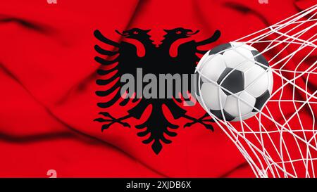 Pallone da calcio con bandiera nazionale dell'Albania. Bandiera dell'Albania . Bandiera orizzontale realistica oscillante dello Stato dell'Albania . Illustrazione Vettoriale