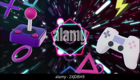 Immagine di controller di gioco e icone su esagoni al neon e luci su sfondo nero Foto Stock