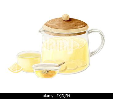 Tè allo zenzero in teiera con limone e miele in una ciotola di vetro con illustrazione in legno con cucchiaio di acquerello. Bevanda calda salutare Foto Stock