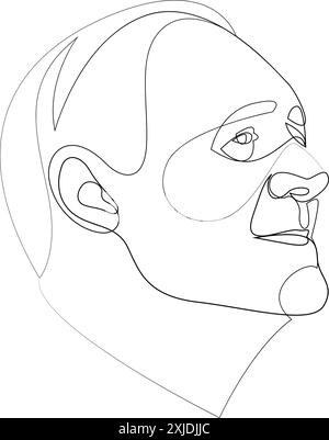 Disegno continuo di un uomo anziano sorridente ritratto. Un vettore di linea del volto di una persona. La line art del volto di un uomo adulto Illustrazione Vettoriale