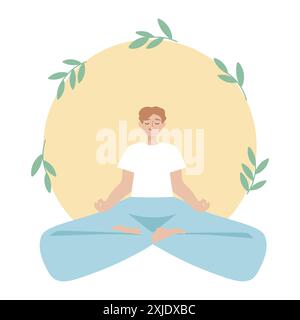 Carino cartoni animati seduto in posa yoga. Meditazione e yoga. Giornata internazionale di yoga. Personaggio maschile che fa yoga. Illustrazione vettoriale Illustrazione Vettoriale