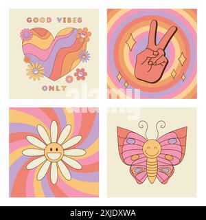 Set di carte in stile retrò con simboli hippie. Solo slogan di buone vibrazioni, fiori a margherita, farfalla, scoppio di sole, onde contorte e segno di pace Illustrazione Vettoriale