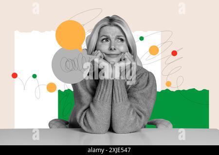 Immagine collage composita di confuso pensionato donna stanco lavoratore fantasia fumetti affissioni zine minimal Foto Stock