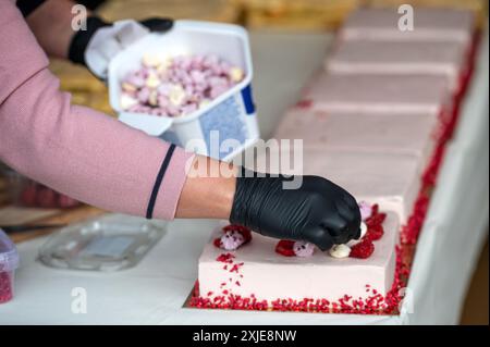 Una persona decora le torte con lamponi. Profondità bassa del campo Foto Stock