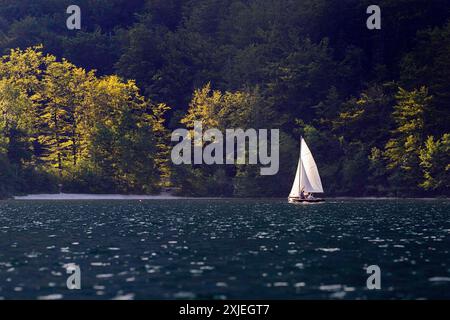 I turisti a bordo di una piccola barca a vela prima del tramonto sullo spettacolare lago di Bohinj nel parco nazionale del Triglav in Slovenia Foto Stock