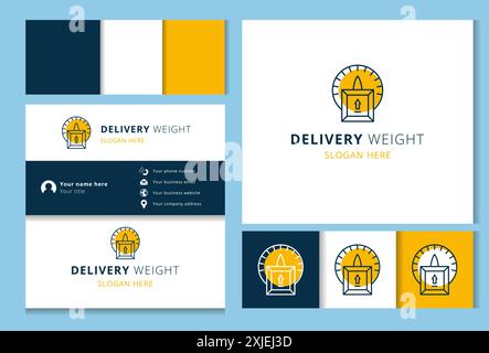 Concetto del logo del servizio di consegna con bilancia che pesa una scatola di cartone Illustrazione Vettoriale