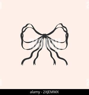 Coquette a silhouette singola con fiocchi a nastro stretti vintage. Affascinante e graziosa estetica vintage con fiocchi. Illustrazione Vettoriale