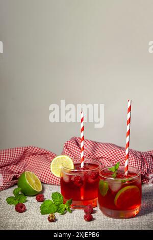 Due bicchieri di lampone ghiacciato, lime, limone e menta, serviti con una cannuccia. Bevanda fredda analcolica in un bicchiere nebulizzato. Messa a fuoco selettiva. Foto Stock