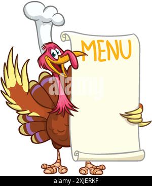 Uccello di tacchino del giorno del Ringraziamento del cartone animato con rotolo vuoto con spazio vuoto per testo o menu. Illustrazione vettoriale. Elemento di design per banner, cartoline e poster Illustrazione Vettoriale