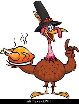 Cartoni animati felice carino ringraziamento tacchino uccello cappello pellegrino che serve pasto di tacchino in un vassoio Illustrazione vettoriale. Design per il giorno del Ringraziamento Illustrazione Vettoriale