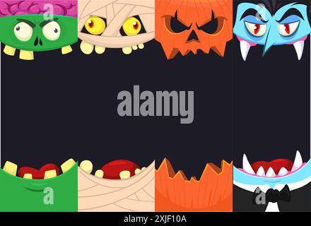 Halloween Funny Faces Set di quattro personaggi. Le teste dei cartoni animati di Grim reaper, Pumpkin Jack o lntern zombie, vampiri e mummia. Illustrazione vettoriale isola Illustrazione Vettoriale