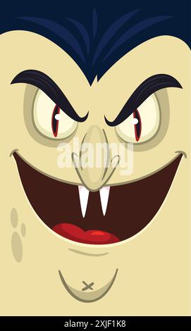 Buon Halloween. Il Conte Dracula Face avatar. Simpatico personaggio vampiro dei cartoni animati con bocca aperta, lingua, zanne. Design piatto. Illustrazione vettoriale per d Illustrazione Vettoriale