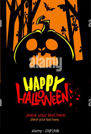 Testa di zucca di Halloween con espressione facciale spaventosa. Illustrazione vettoriale del design jack-o-lanterna con emozione intagliata isolata sullo sfondo notturno W Illustrazione Vettoriale