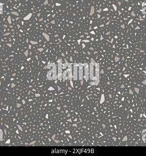 Pavimento in terrazo con motivo senza cuciture. Trama vettoriale realistica dell'asfalto con elementi astratti a mosaico grigio. Piastrelle di terrazzo con pezzi di marmo naturale Illustrazione Vettoriale