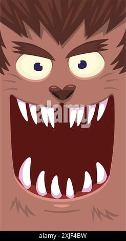 Cartoni animati dal divertente design del personaggio lupo mannaro con un'espressione del volto spaventosa. Illustrazione vettoriale di Halloween isolata su bianco. Poster per feste, design della confezione o ho Illustrazione Vettoriale