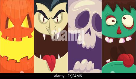 Halloween Funny Faces Set di quattro personaggi. Le teste dei cartoni animati di Grim reaper, Pumpkin Jack o lntern zombie, vampiri e mummia. Illustrazione vettoriale isola Illustrazione Vettoriale