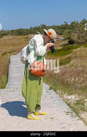 Donna che scatta foto, cremagliera in legno, alberi, pini, sentieri escursionistici, riserva naturale, Darßer Ort, nato a. Darß, Meclemburgo-Pomerania occidentale, Germania Foto Stock
