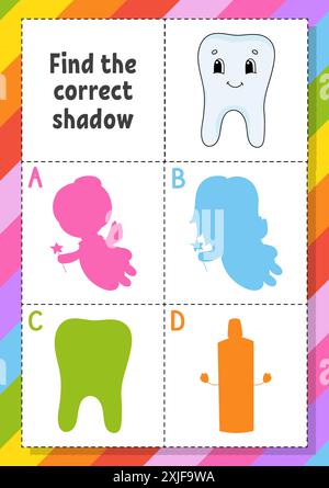 Trovare l'ombra corretta. Foglio di lavoro per lo sviluppo dell'istruzione per i bambini. Puzzle game. Pagina attività. personaggio dei cartoni animati. Illustrazione vettoriale. Illustrazione Vettoriale