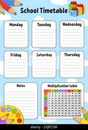 Orario scolastico. Per l'educazione dei bambini. Isolato su sfondo a colori. Con un carino personaggio dei cartoni animati. Illustrazione vettoriale. Illustrazione Vettoriale