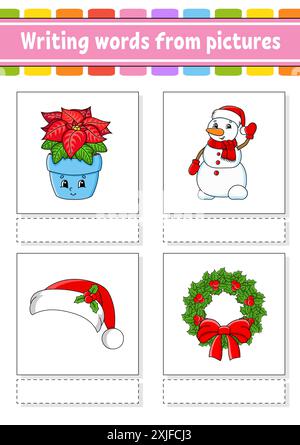 Scrivere parole da immagini. Imparare le parole in inglese. Foglio di lavoro per lo sviluppo dell'istruzione. Pagina attività a colori. personaggio dei cartoni animati. Illustrazione vettoriale. Illustrazione Vettoriale