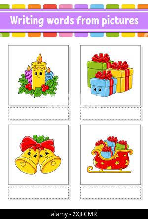 Scrivere parole da immagini. Imparare le parole in inglese. Foglio di lavoro per lo sviluppo dell'istruzione. Pagina attività a colori. personaggio dei cartoni animati. Illustrazione vettoriale. Illustrazione Vettoriale