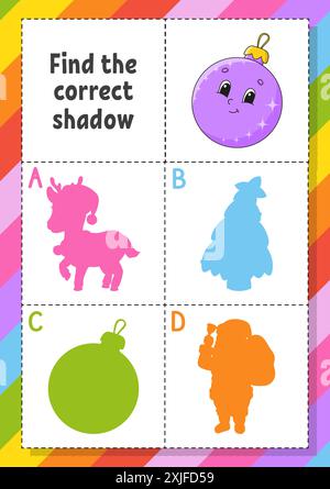 Trovare l'ombra corretta. Foglio di lavoro per lo sviluppo dell'istruzione per i bambini. Puzzle game. Pagina attività. personaggio dei cartoni animati. Illustrazione vettoriale. Illustrazione Vettoriale